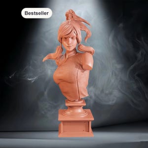 May include: A terracotta-coloured bust of a female figure with long hair styled in a ponytail and two side ponytails. The bust is on a pedestal base. The word "Bestseller" is in a white oval in the upper left corner. The background is a gradient of dark grey and blue.