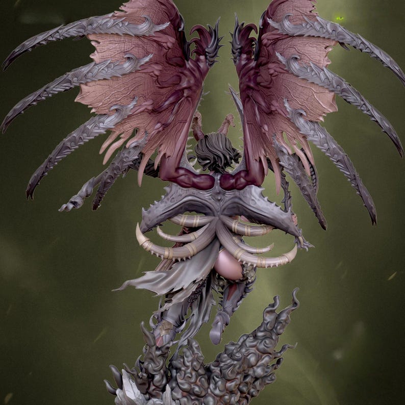 May include: A detailed figurine of a winged creature with a dark colour palette. The figure has large, intricate wings in shades of burgundy and grey. The sculpture features a complex design with horns and a flowing garment.