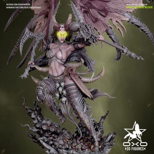May include: A detailed 3D-printed figurine of a female demon with large wings, horns, and glowing yellow eyes. She is clad in armor and holding a weapon. The figurine is on a dark, smoky base. Text on the image reads "AUGUST EXCLUSIVE RELEASE".