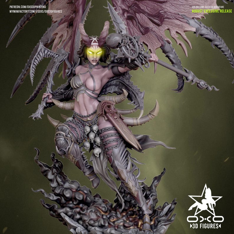 May include: A detailed 3D-printed figurine of a female demon with large wings, horns, and glowing yellow eyes. She is clad in armor and holding a weapon. The figurine is on a dark, smoky base. Text on the image reads "AUGUST EXCLUSIVE RELEASE".