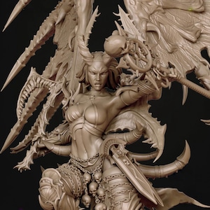 May include: A detailed sculpture of a female warrior with horns, wings, and armour. She is holding a sword and a staff with a skull on top. The sculpture is in a neutral colour and has intricate details.