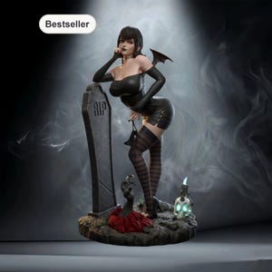 May include: A detailed figurine of a woman in a black outfit, leaning against a tombstone with "RIP" inscribed. She has bat wings and striped stockings. A skull and a red flower are at the base. The word "Bestseller" is in the corner.