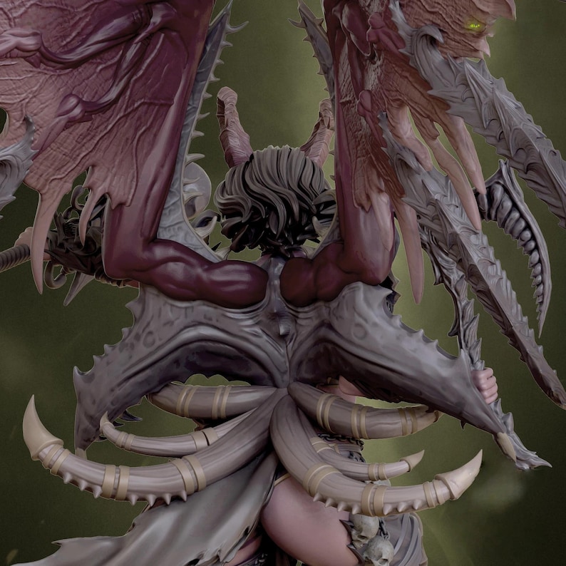 May include: A detailed sculpture of a fantasy creature with large, textured wings in shades of burgundy and grey. The figure has a muscular build, intricate armour, and sharp, claw-like appendages. The overall design suggests a demonic or otherworldly theme.