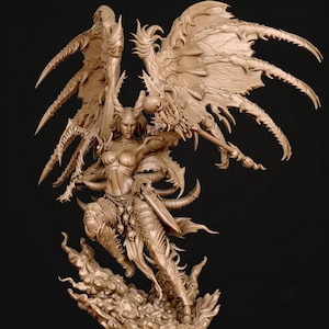 May include: A detailed sculpture of a female demon with large, ornate wings and horns. The figure is clad in armour and holds a weapon, standing atop a cloud-like base. The sculpture is a monochromatic beige colour, with intricate details.