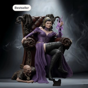 May include: A detailed figurine of a woman in a purple dress seated on a throne. The throne is brown with dark accents. The woman is holding a purple energy orb. A zombie-like figure is at her feet. The image has a "Bestseller" label.
