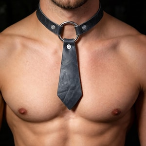Peut inclure: Ras du cou en cuir noir avec un anneau en métal argenté et un pendentif assorti en forme de cravate. Le ras du cou est fixé avec des rivets argentés. Un accessoire audacieux.