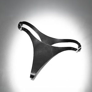 Könnte beinhalten: Schwarzes Ledergeschirr mit verstellbaren Riemen und silberfarbenen Schnallen. Das Geschirr hat ein einzigartiges Design mit einer zentralen Dreiecksform und zwei Schultergurten. Das Produkt ist für das Tragen am Körper konzipiert.
