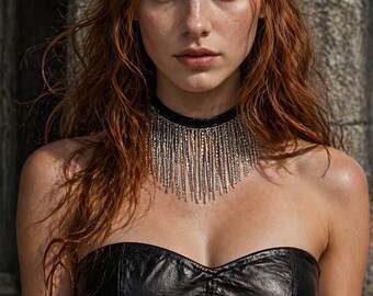 Handmade Genuine Leather Fringe Choker,High Quality Leather Necklace,Gothic Punk Calfskin Collar,Party Festival Jewelry,Unique Gift for Her