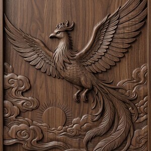 May include: A detailed wood carving of a phoenix in flight. The bird has outstretched wings and a long, flowing tail. The background features clouds and a sun, all carved from a single piece of wood. The carving is a rich, warm brown color.