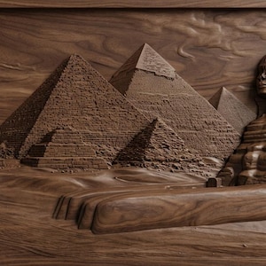 May include: A detailed wooden carving depicting the pyramids and the Sphinx in Egypt. The artwork showcases the pyramids, the Sphinx, and the desert landscape, all rendered in shades of brown. The carving is framed, adding to its presentation.