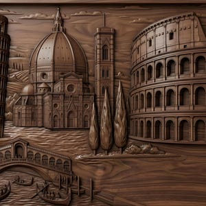 Italy Landmarks Wood Carving Wall Art, Colosseum, Leaning Tower, Venice Bridge (Digital Download)