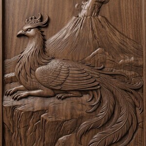 May include: A detailed wood carving shows a phoenix perched on a cliff, with a volcano erupting in the background. The phoenix has intricate feather details and a crown. The carving is framed in dark wood.