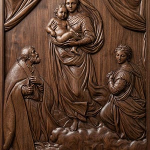 Puede incluir: Una detallada talla en relieve de madera que representa una escena religiosa. La figura central es una mujer que sostiene a un niño, rodeada de otras figuras y ángeles. La talla está enmarcada y presenta detalles intrincados.