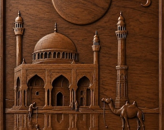 May include: A rectangular dark brown wooden wall plaque featuring a relief carving of a mosque with a large central dome and two tall minarets. A camel stands in the foreground near a body of water, with figures nearby and a large moon and crescent in the sky.