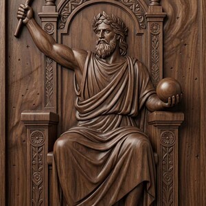 Peut inclure: Sculpture en bois détaillée d'une figure assise, possiblement Zeus, tenant un éclair et une sphère. La figure est ornée d'une couronne de laurier et drapée de robes classiques. L'arrière-plan présente un motif étoilé, améliorant la profondeur et le détail de l'œuvre.