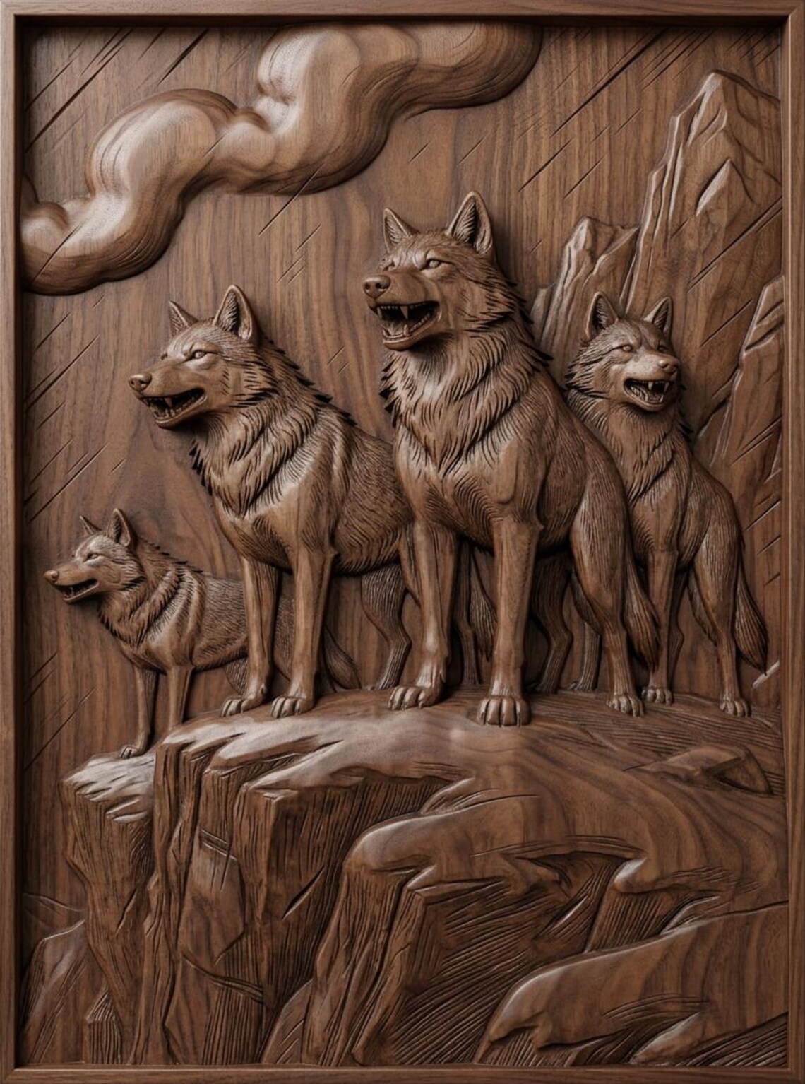 Storm Wolf Pack 3D Relief STL File, Mountain Cliff Wolves Wood Carving ...
