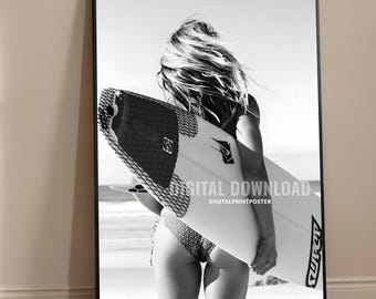 Surfer Girl Wall Art Print, Black and White Beach Photography, Coastal Wall Decor, Surfboard Poster, Beach House Art, Digital Download