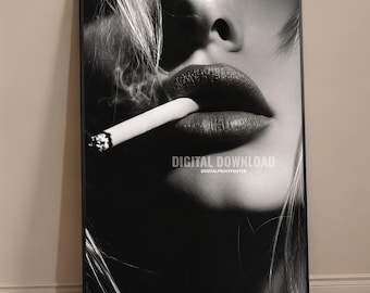 Black and White Smoking Lips Wall Art, Fashion Photography Print, Moody Glam Poster, Luxury Aesthetic Decor, Printable Digital Download