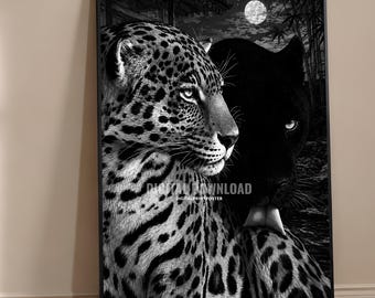 Black Panther and Leopard Print, Majestic Big Cat Wall Art, Monochrome Wildlife Photography Poster, Printable Decor, Digital Download