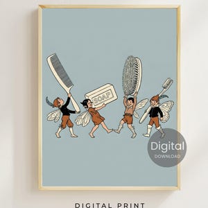 Vintage Bathroom Fairies Art Print, Quirky Retro Aesthetic Wall Decor, Whimsical Powder Room Poster Printable Instant Digital Download