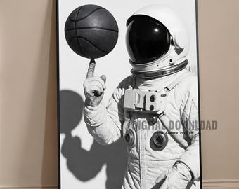 Astronaut Basketball Poster, Space Sports Wall Art, Vintage NASA Print, Boys Room Decor, Retro Hypebeast Digital Download