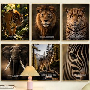 May include: A set of six rectangular wall art prints featuring a tiger in a forest, a lion, a leopard, an elephant, a wolf in a mountain landscape, and a zebra. Each print includes the text DIGITAL DOWNLOAD at the bottom in white lettering.