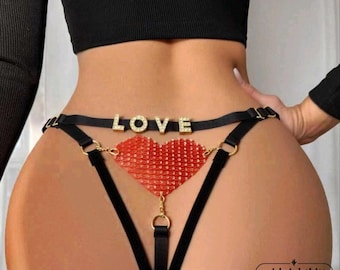 Custom Personalized Name Thong with Sliver or Gold Rhinestone Letters and Shiny red heart