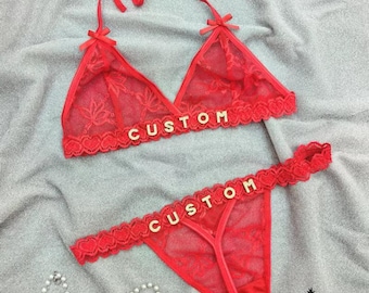 Custom Personalized Name lingerie set - Thong and Bra with Silver or Gold Rhinestone Letters