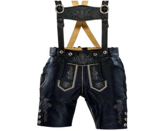 Men's Black Leather Lederhosen with Suspenders, Oktoberfest Costume