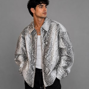 Men's Grey Snakeskin  Print Leather Jacket || Python Pattern Zip Up Jacket || Fashion street wear