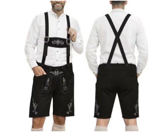 Men’s Black Lederhosen with Suspenders – Bavarian Oktoberfest Trachten Leather Shorts Traditional German Costume
