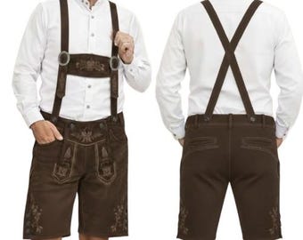 Men’s chocolate brown Lederhosen with Suspenders – Bavarian Oktoberfest Trachten Leather Shorts Traditional German Costume