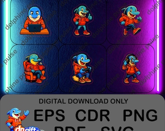 Niedliches Delfin-Gamer-Maskottchen-SVG-Bundle, E-Sport-Delfin-Sticker (PNG), digitaler Download (EPS, CDR, PDF, SVG), Streamer-Design-Assets-Paket