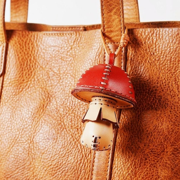 Leather Mushroom Bag Charm, Handmade Cottagecore Purse Accessory, Mushroom Keychain Gift for Her