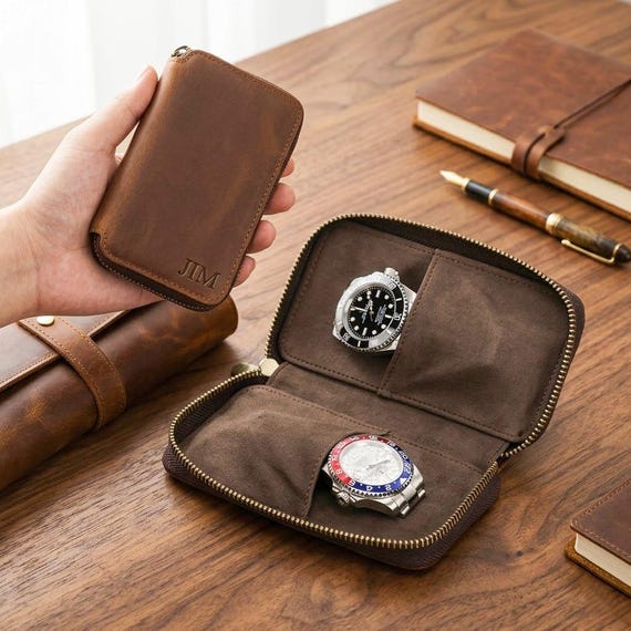 Crazy Horse leather — the kind that develops a rich patina — engraved and shaped into a travel watch case; genuinely luxurious craft at a price that signals it.