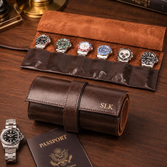 A full-grain leather 6-slot watch roll built for the serious collector — the kind of executive travel accessory that looks like it belongs in a Bond film.
