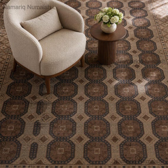 Hand-Knotted Oushak Rug, Earthy Brown Medallion Area Rug Neutral Vintage Style Wool Rug, Traditional Hand Woven Carpet for Living Room Decor