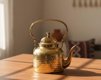 Hammered Brass Tea Kettle, Vintage Golden Finish, Home Decor