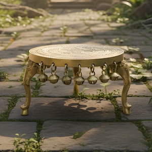 Elephant Leg Design Handcrafted Brass Pooja Chowki with Hanging Bells – 6 Inch Antique Gold Puja Platform for Temple, Mandir & Home Decor