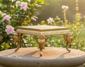 Brass Chowki Bell Embellished Ritual Platform Square Solid Pooja Pedestal Deity Figurines Shrine Ornamentation Festival Housewarming Present
