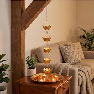 Aluminium Lotus Hanging Urli Tealight Candle Holder – Decorative Hanging Diya Stand with Round Tray for Diwali, Festive Home Decor & Gifting