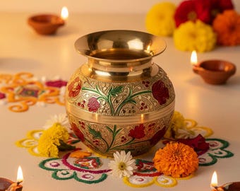 Kalash Pooja de latón floral de 4 pulgadas / Lota multicolor artesanal para rituales