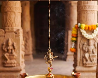 Dancing Ganpati Brass Hanging Bell for Pooja Room – Temple Bell with Chain (Set of 1) | Mandir Hanging Ghanti for Home Aarti & Spiritual Use