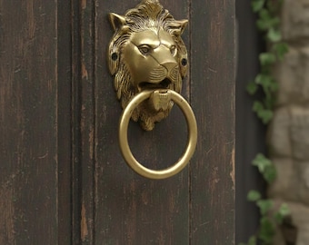 Brass Lion Face Door Knocker Antique Finish Heavy Royal Pull Handle for Main Gate, Glass Wooden Door& Drawer, Approx 5.5 Inches
