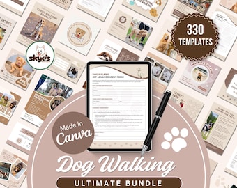 May include: A digital collection of 330 dog walking business templates displayed on a tablet screen with a black pen. The templates feature various forms, loyalty cards, and marketing materials in beige and brown tones with dog illustrations.