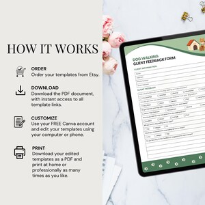 A digital tablet shows a dog walking client intake form. The left side displays "How It Works" with steps: Order, Download, Customise, and Print. The image includes dog photos and decorative elements.