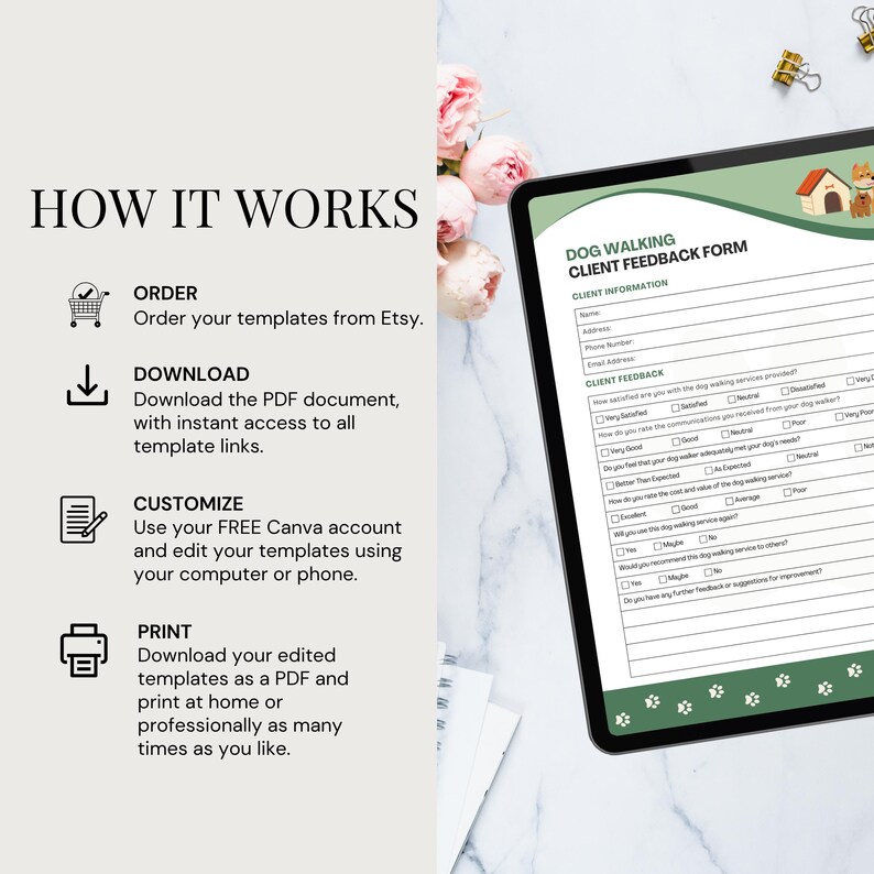 A digital tablet shows a dog walking client intake form. The left side displays "How It Works" with steps: Order, Download, Customise, and Print. The image includes dog photos and decorative elements.