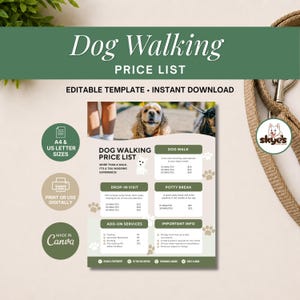 Könnte beinhalten: Eine Preislistenvorlage für Hundespaziergänge mit einem Hundefoto, grünen Überschriften und Abschnitten für Spaziergänge, Besuche, Toilettenpausen und Zusatzleistungen. Der Text enthält Dog Walking Price List, More Than A Walk, It's A Tail Wagging Experience sowie verschiedene Zeitangaben und Preise.