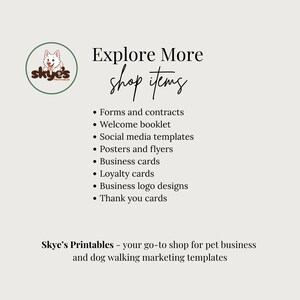 Promotional image for Skye's Printables, offering marketing templates for pet businesses and dog walkers. The image includes a logo with a dog illustration, the text "Check out my other shop items", and a list of products such as forms, business cards, and social media templates.