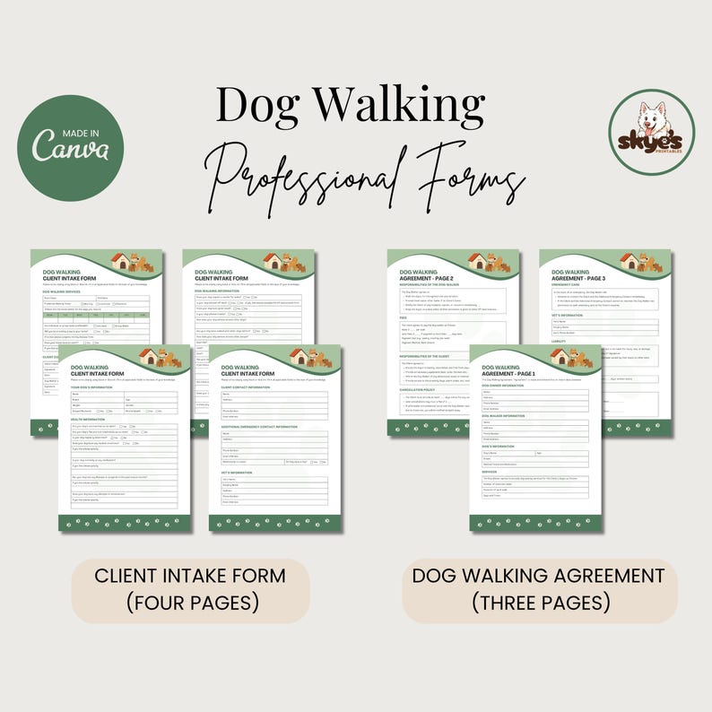 A set of dog walking forms, including client intake forms and a dog walking agreement. The forms are green and white with a dog illustration. The text on the forms includes "Dog Walking" and "Professional Forms”